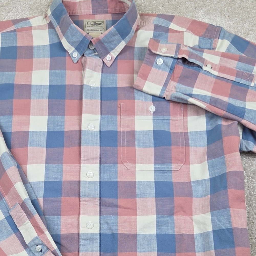 LL Bean Button Down Shirt Blue Pink Check Mens L Comfort Stretch Chambray